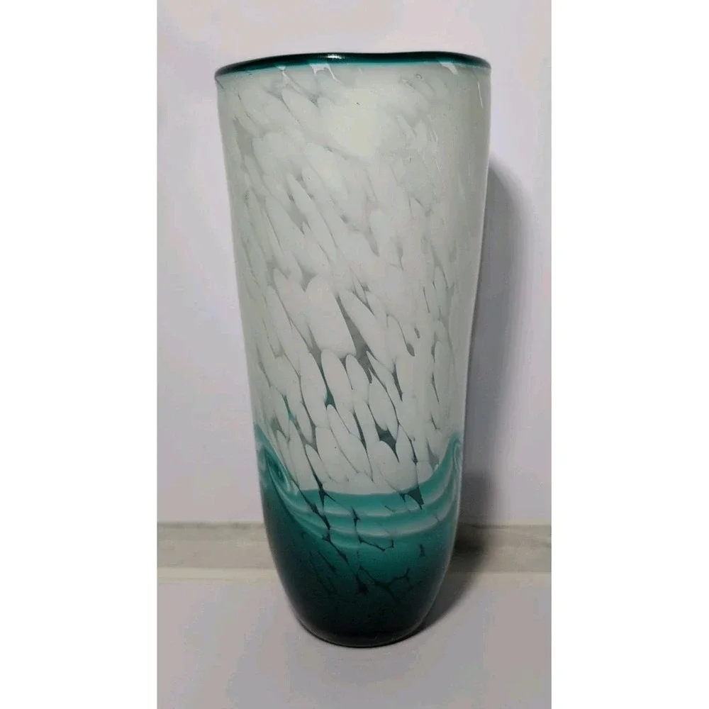 Murano Style Green Blue White Sea Swirl Design Glass Vase Beach Waves